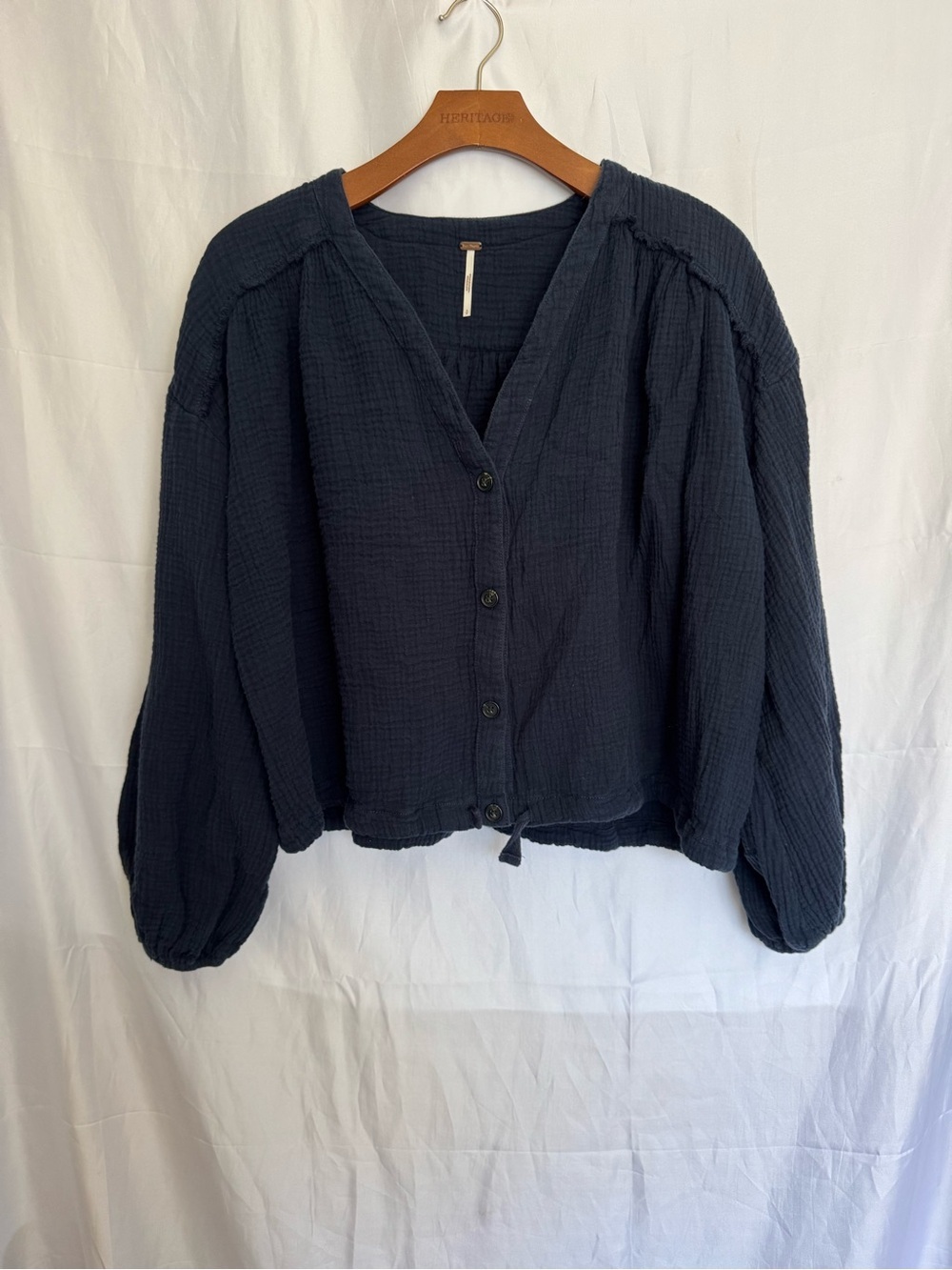 Free People Rising Sun textured cotton button-down crop top size small OVERSIZED